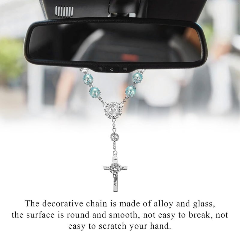 SHMZK 2 PCS Car Rosary for Rearview Mirror, Personalized Blessing Hanging Pendant for Car Rear View Mirror, Cross Rosary Ornament Interior Decor for Most Vehicles, Car Accessories (Red+Blue) - Image 3